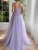 Purple Strapless Applique Tulle A-Line Long Prom Dresses Formal Evening Gowns HZ1024