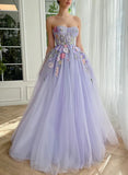 Purple Strapless Applique Tulle A-Line Long Prom Dresses Formal Evening Gowns HZ1024