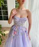 Purple Strapless Applique Tulle A-Line Long Prom Dresses Formal Evening Gowns HZ1024