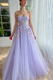 Purple Strapless Applique Tulle A-Line Long Prom Dresses Formal Evening Gowns HZ1024