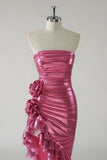 Hot Pink Strapless Satin Bodycon Ruffle Long Prom Dresses Formal Evening Gowns HZ1024