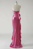 Hot Pink Strapless Satin Bodycon Ruffle Long Prom Dresses Formal Evening Gowns HZ1024