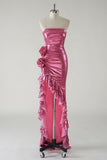 Hot Pink Strapless Satin Bodycon Ruffle Long Prom Dresses Formal Evening Gowns HZ1024
