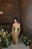Green Off Shoulder Chiffon Satin Corset Long Prom Dresses Elegant Formal Evening Gowns HZ1024