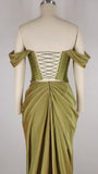 Green Off Shoulder Chiffon Satin Corset Long Prom Dresses Elegant Formal Evening Gowns HZ1024