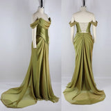 Green Off Shoulder Chiffon Satin Corset Long Prom Dresses Elegant Formal Evening Gowns HZ1024