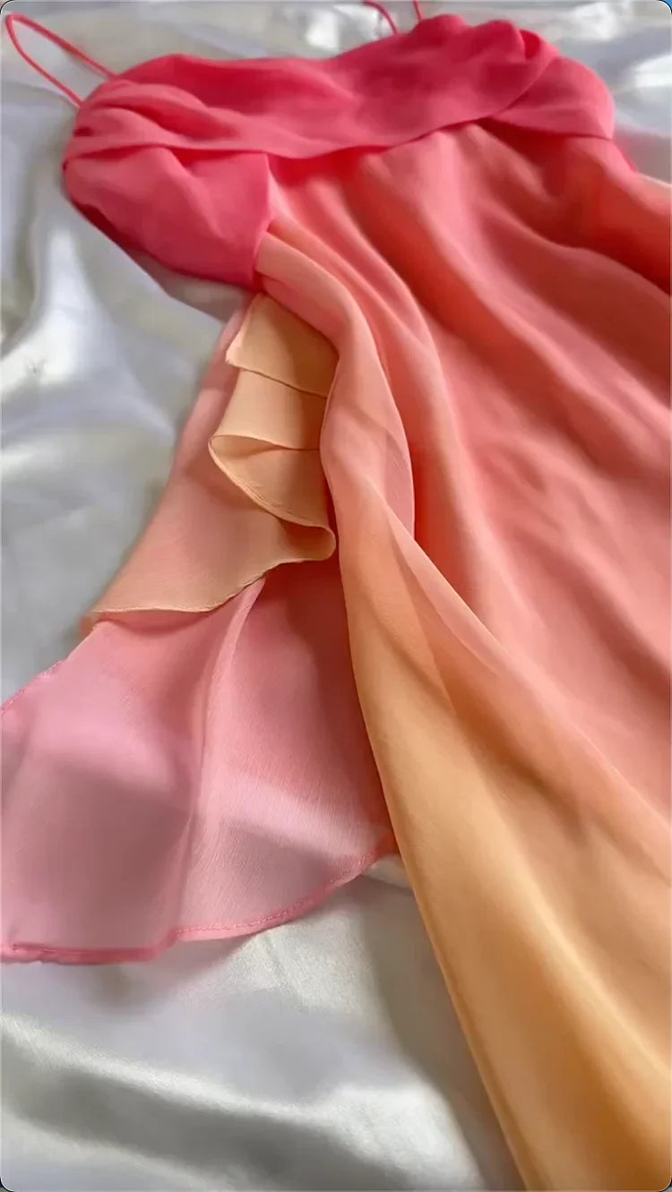 Pink Sheath Spaghetti Straps Fairytale Chiffon Long Prom Dresses Vintage Party Dress HZ1024
