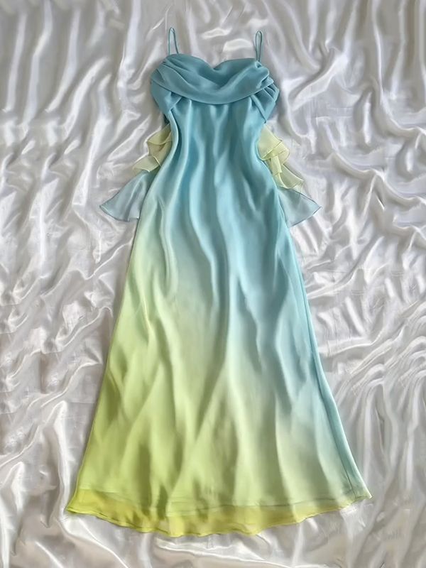 Pink Sheath Spaghetti Straps Fairytale Chiffon Long Prom Dresses Vintage Party Dress HZ1024