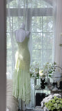 Light Sage Green Spaghetti Straps Chiffon Mermaid Sequins Long Prom Dresses Vintage Open Back Evening Gowns HZ1024
