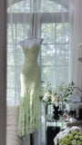 Light Sage Green Spaghetti Straps Chiffon Mermaid Sequins Long Prom Dresses Vintage Open Back Evening Gowns HZ1024