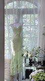 Light Sage Green Spaghetti Straps Chiffon Mermaid Sequins Long Prom Dresses Vintage Open Back Evening Gowns HZ1024