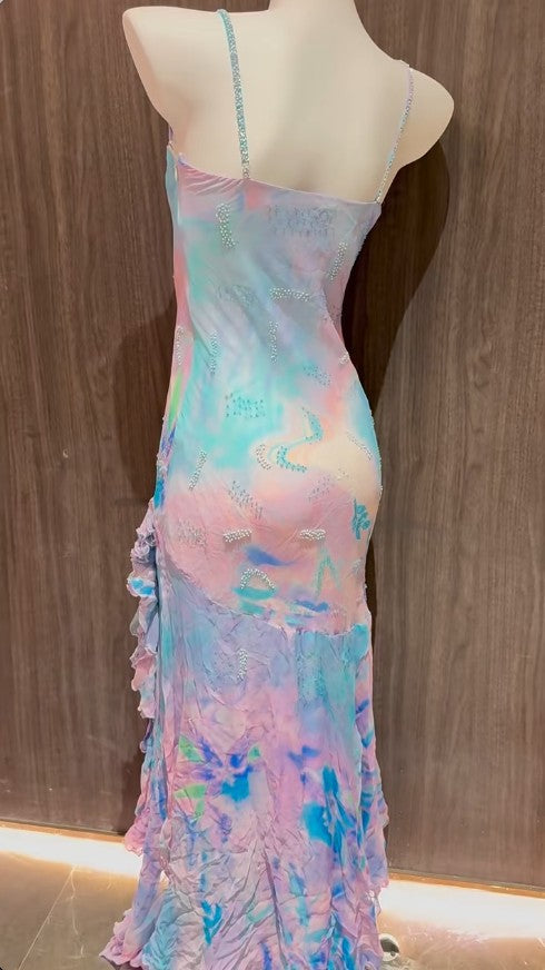 Colorful Spaghetti Straps Chiffon Beaded Sheath Long Prom Dresses Stunning Evening Gowns HZ1024