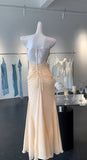 Light Champagne Sweetheart Neck Chiffon Open Back Sheath Long Prom Dresses Formal Evening Gowns HZ1024