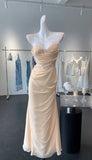 Light Champagne Sweetheart Neck Chiffon Open Back Sheath Long Prom Dresses Formal Evening Gowns HZ1024