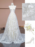 White V-neck Lace Applique A-Line Wedding Dress with Train HZ1024
