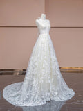 White V-neck Lace Applique A-Line Wedding Dress with Train HZ1024