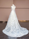 White V-neck Lace Applique A-Line Wedding Dress with Train HZ1024