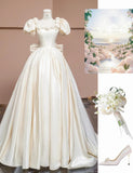 Off-White A-Line Satin Square Neck Wedding Dress with 3D Flowers HZ1024