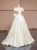 Off-White A-Line Satin Square Neck Wedding Dress with 3D Flowers HZ1024