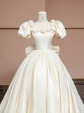 Off-White A-Line Satin Square Neck Wedding Dress with 3D Flowers HZ1024