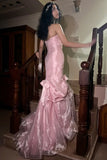 Strapless Pink Tulle Mermaid Long Prom DressesFormal Evening Gowns HZ1024