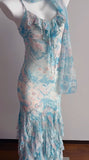 Blue Printed Chiffon Spaghetti Straps Beaded Sheath Prom Dresses for Party HZ1024