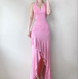 Pink Halter Neck Ruffle Sheath Party Dresses with Slits HZ1024