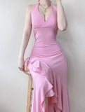 Pink Halter Neck Ruffle Sheath Party Dresses with Slits HZ1024