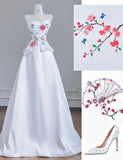 White Strapless Satin Beaded A-line Wedding Dresses Formal Evening Gowns HZ1024