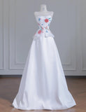 White Strapless Satin Beaded A-line Wedding Dresses Formal Evening Gowns HZ1024