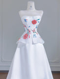 White Strapless Satin Beaded A-line Wedding Dresses Formal Evening Gowns HZ1024