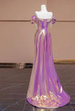Purple Off Shoulder Satin Beaded A-line Long Prom Dresses Stylish Formal Evening Gowns HZ1024