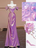 Purple Off Shoulder Satin Beaded A-line Long Prom Dresses Stylish Formal Evening Gowns HZ1024
