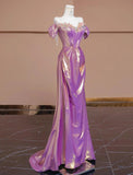 Purple Off Shoulder Satin Beaded A-line Long Prom Dresses Stylish Formal Evening Gowns HZ1024
