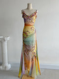 Yellow Pink Spaghetti Straps Chiffon Embroidered Appliques Mermaid Prom Dresses Formal Evening Gowns HZ1024