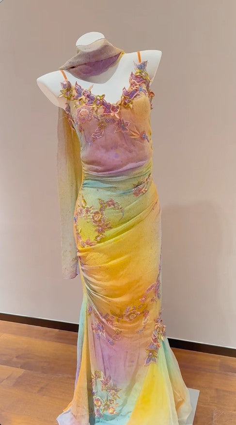 Yellow Pink Spaghetti Straps Chiffon Embroidered Appliques Mermaid Prom Dresses Formal Evening Gowns HZ1024