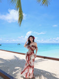 Red Off Shoulder Printed Chiffon A-line Party Dresses Daily Evening Gowns HZ1024