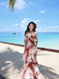 Red Off Shoulder Printed Chiffon A-line Party Dresses Daily Evening Gowns HZ1024