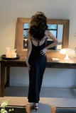 Satin Diamond Chain Side Slits Backless Suspender Dress HZ1024