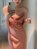Satin Diamond Chain Side Slits Backless Suspender Dress HZ1024