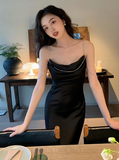 Satin Diamond Chain Side Slits Backless Suspender Dress HZ1024