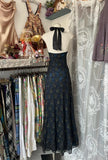 Blue Satin Black Lace Appliques V-Neck Backless A-Line Party Dress Vintage Formal Evening Gowns HZ1024