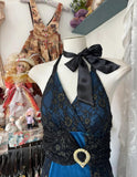 Blue Satin Black Lace Appliques V-Neck Backless A-Line Party Dress Vintage Formal Evening Gowns HZ1024