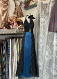 Blue Satin Black Lace Appliques V-Neck Backless A-Line Party Dress Vintage Formal Evening Gowns HZ1024