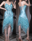 Blue Spaghetti Straps Sheath Lace Beading Vintage Prom Dresses HZ1024