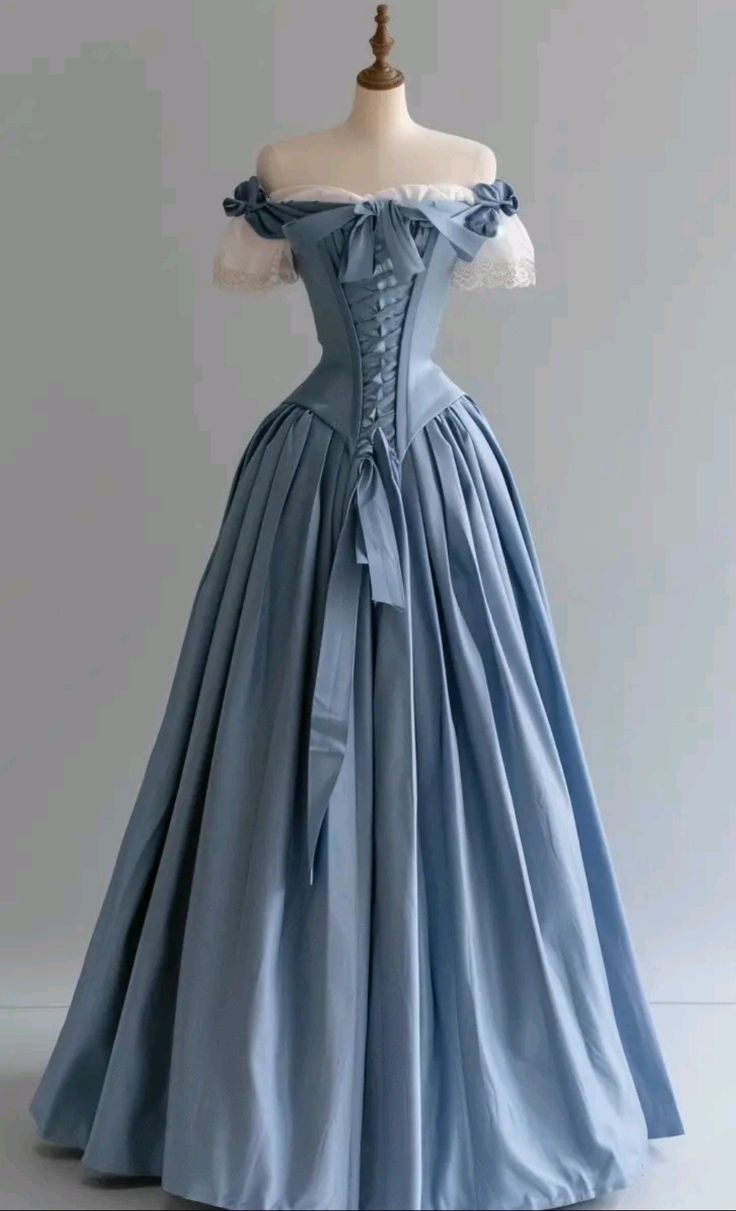 Blue Palace Style Satin A-Line Long Prom Dresses Formal Off-the-shoulder Evening Gowns HZ1024