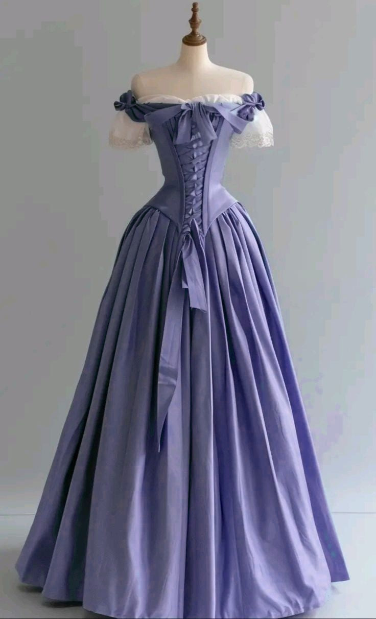 Blue Palace Style Satin A-Line Long Prom Dresses Formal Off-the-shoulder Evening Gowns HZ1024