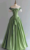 Blue Palace Style Satin A-Line Long Prom Dresses Formal Off-the-shoulder Evening Gowns HZ1024