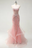 Peach Spaghetti Straps Mermaid Beaded Tulle Long Prom Dresses Formal Evening Gowns HZ1024
