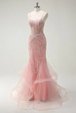 Peach Spaghetti Straps Mermaid Beaded Tulle Long Prom Dresses Formal Evening Gowns HZ1024